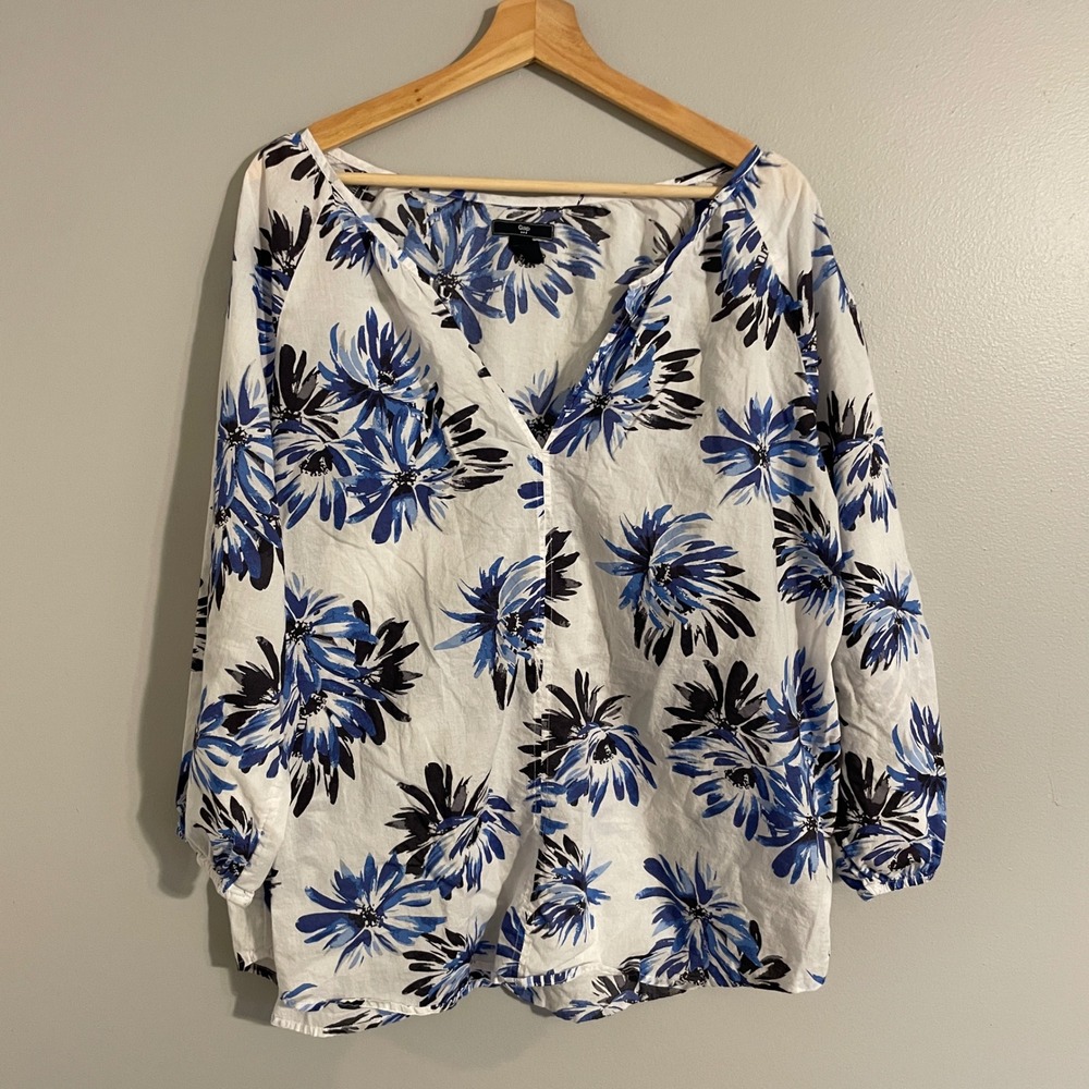 Gap Floral Blouse Womens XL Blue White V-Neck Cotton Boho Top